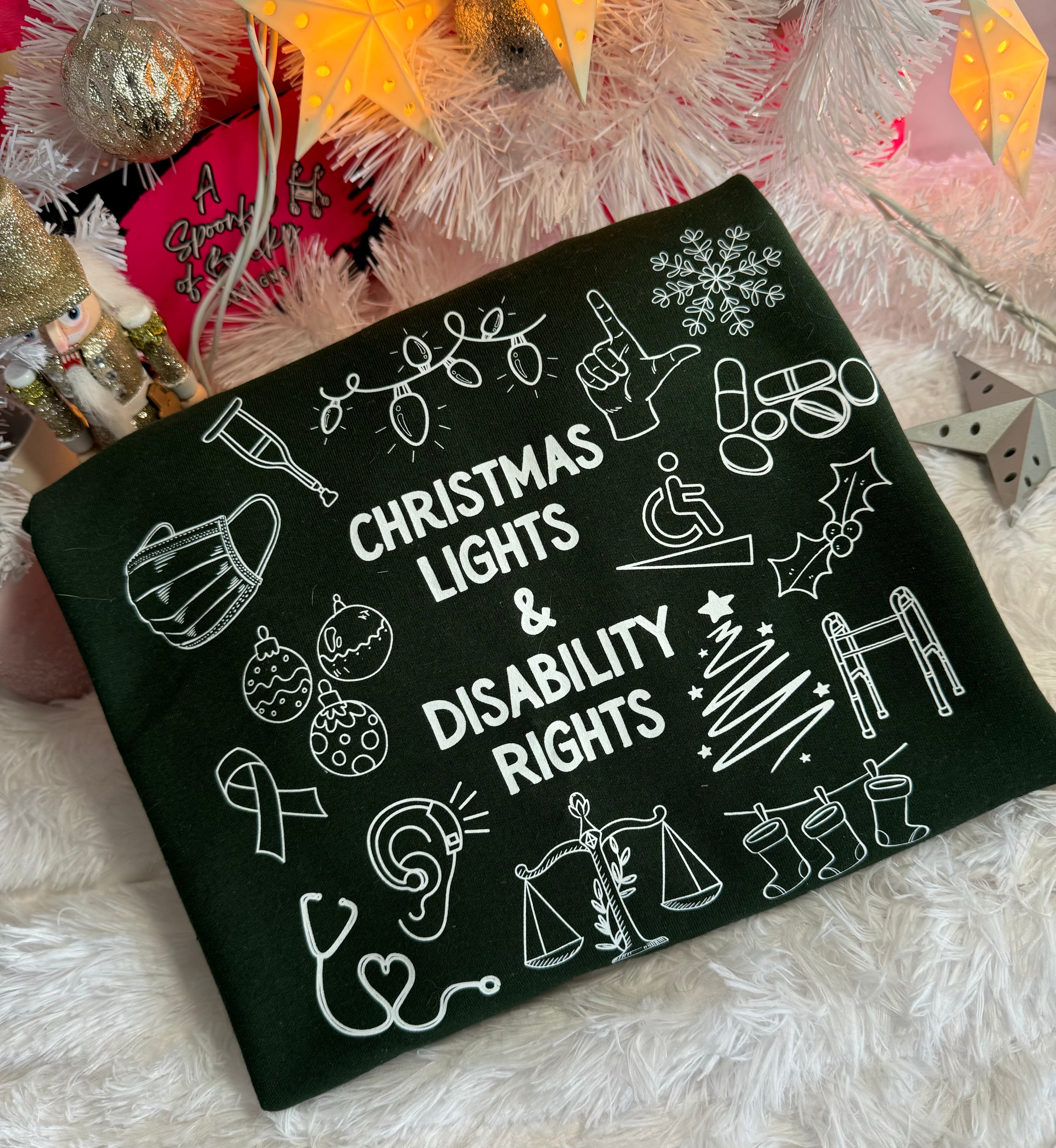 Green "Christmas Lights & Disability Rights" Crewneck