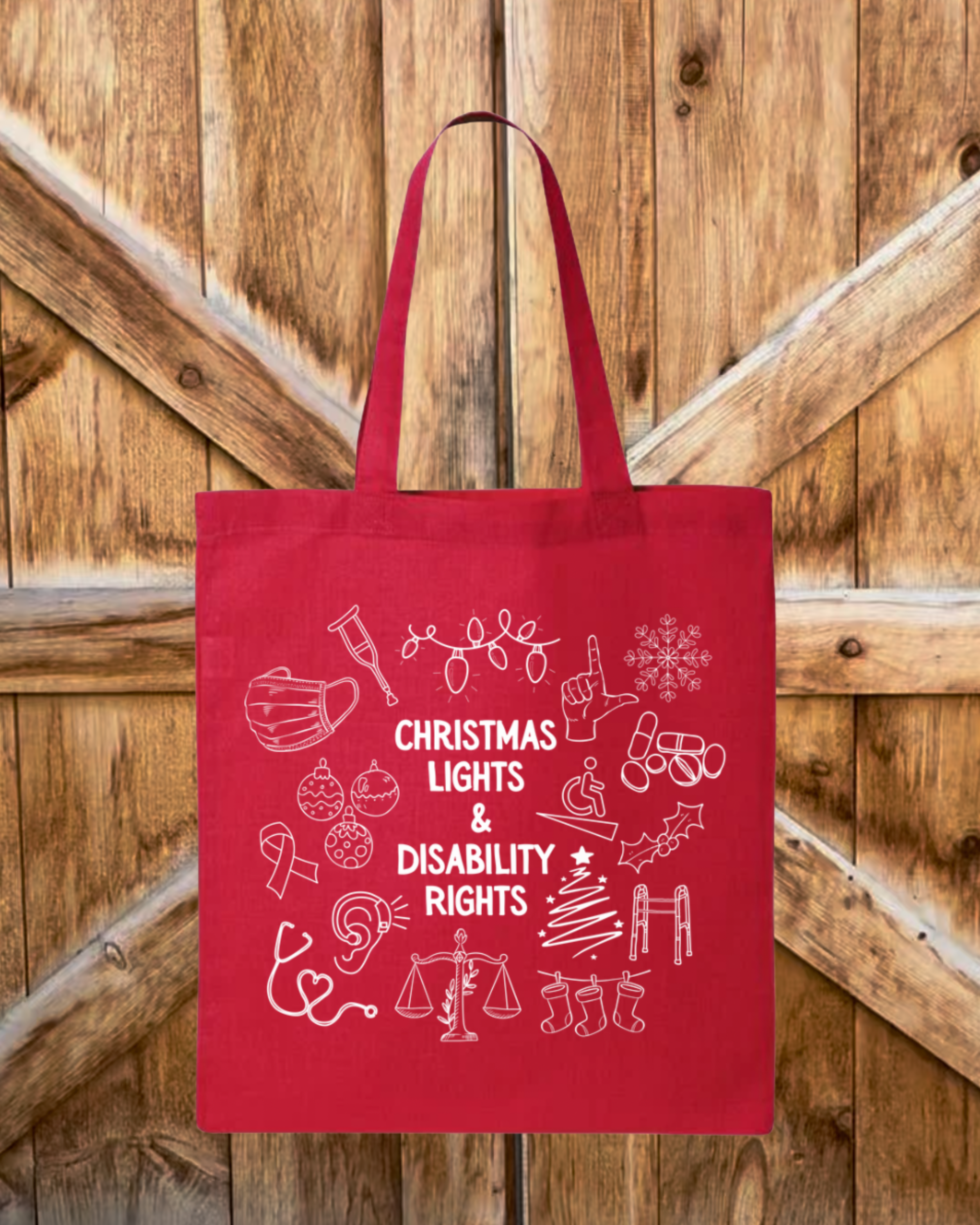 Red "Christmas Lights & Disability Rights" Tote Bag
